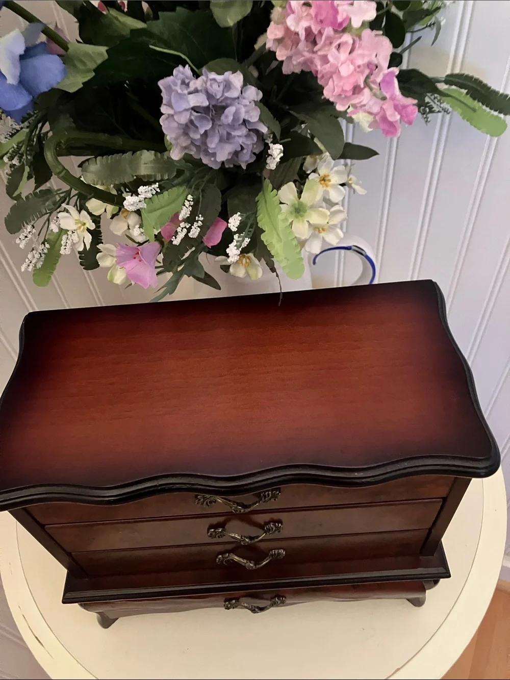 Classic Wood Jewelry Chest in Rich Brown Flip Up Top Mirror & 3 Drawers